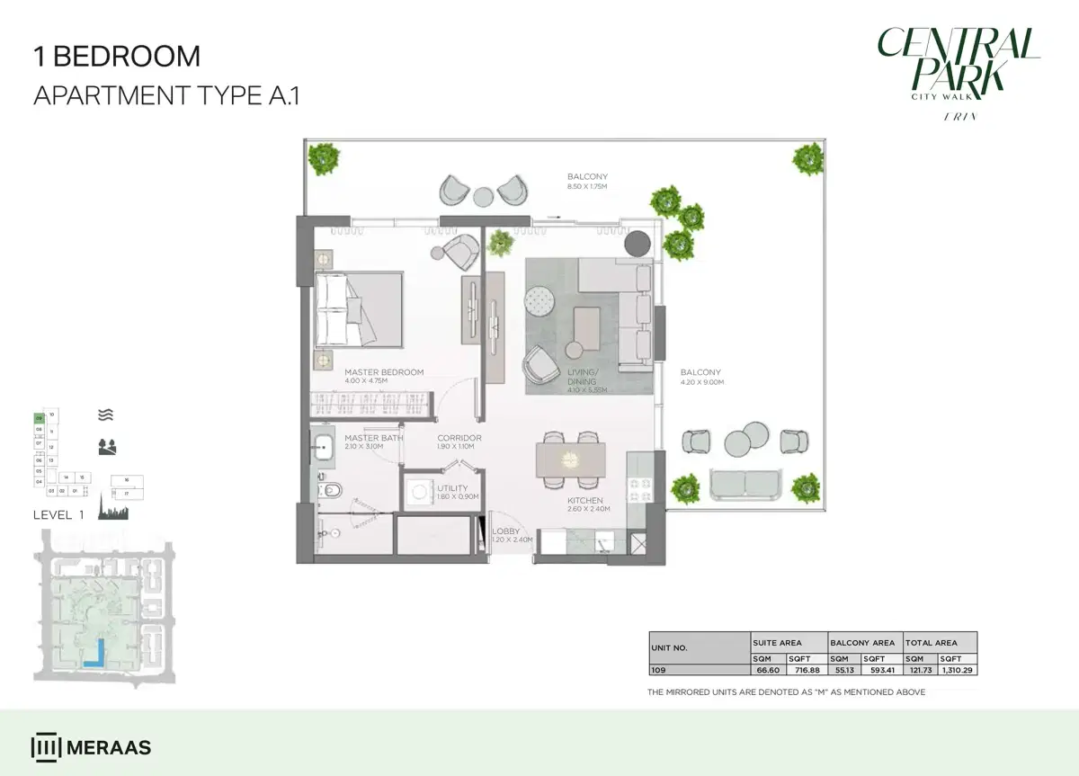 Erin Central Park Dubai 1 BR Floor Plan 1,310 Sq. Ft.