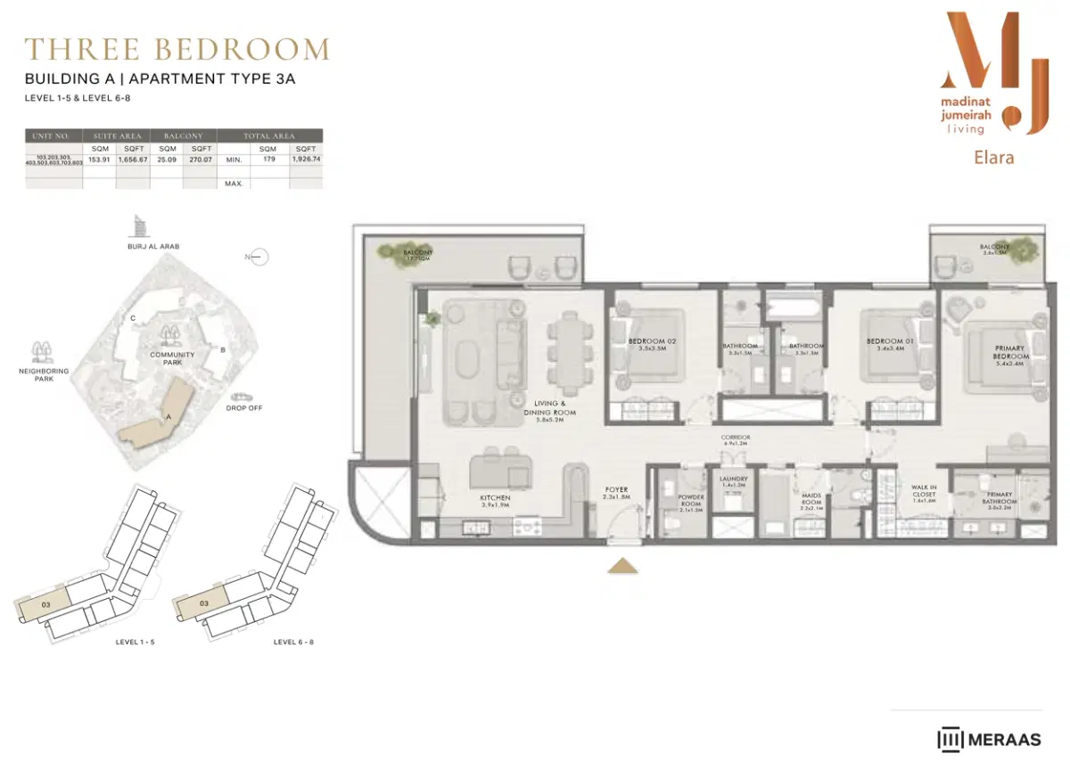 Elara At MJL Dubai 3 BR Floor Plan 1,926 Sq. Ft.