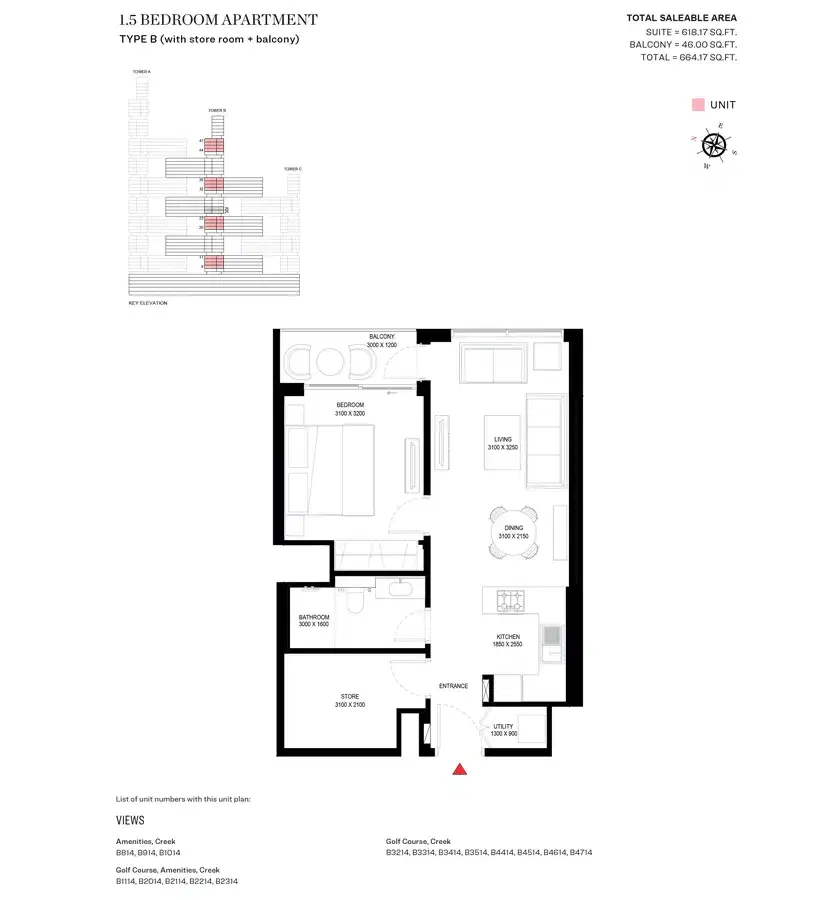 SOBHA One Dubai 1.5 BR Floor Plan 664 Sq. Ft.