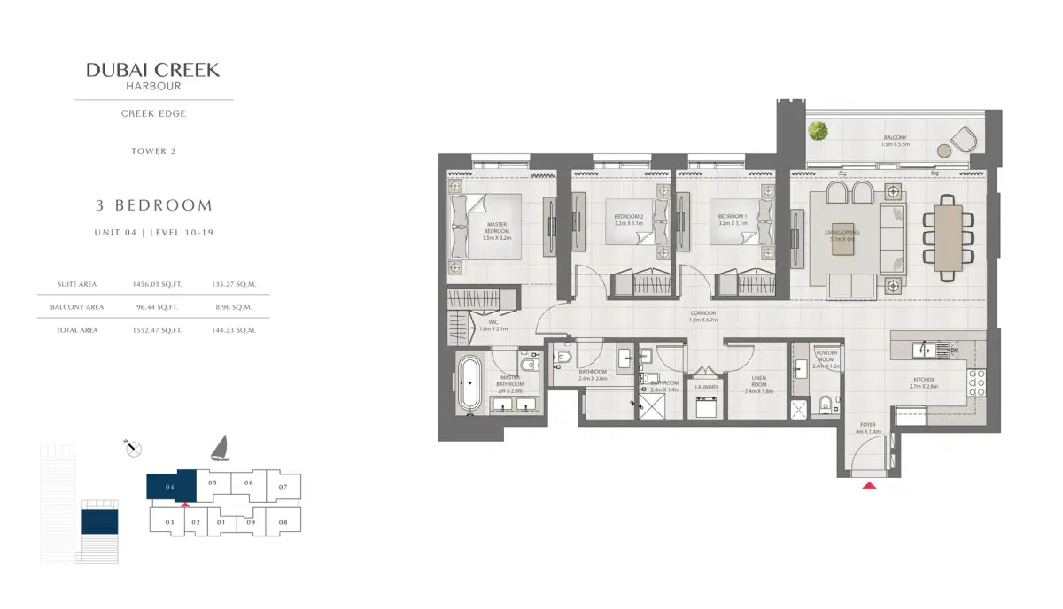EMAAR Creek Edge Dubai 3 BR Floor Plan 1,552 Sq. Ft.