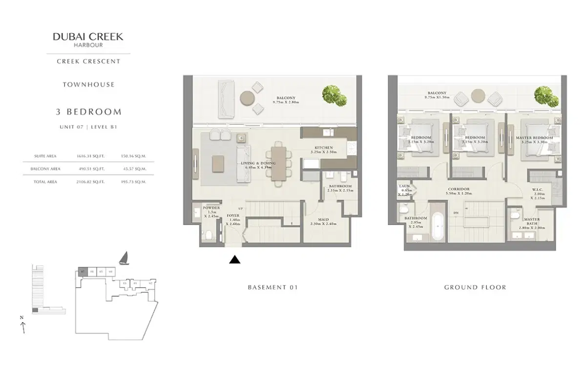 EMAAR Creek Crescent Dubai 3 BR Floor Plan 2,106 sq. Ft.
