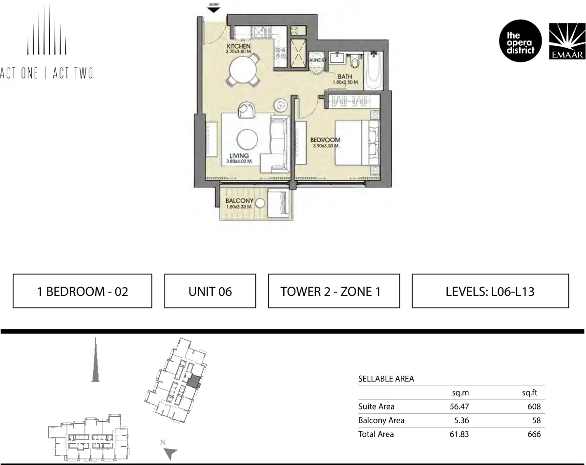 Emaar Act One Act Two 1 BR Apartment Floor Plan