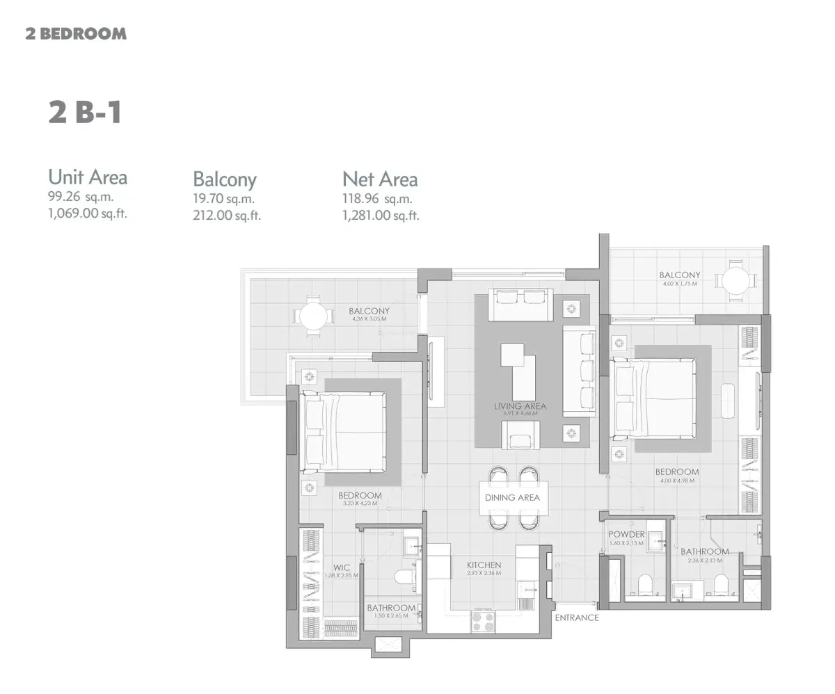 MAG City Meydan Dubai 2 BR Floor Plan 1,281 Sq. Ft.
