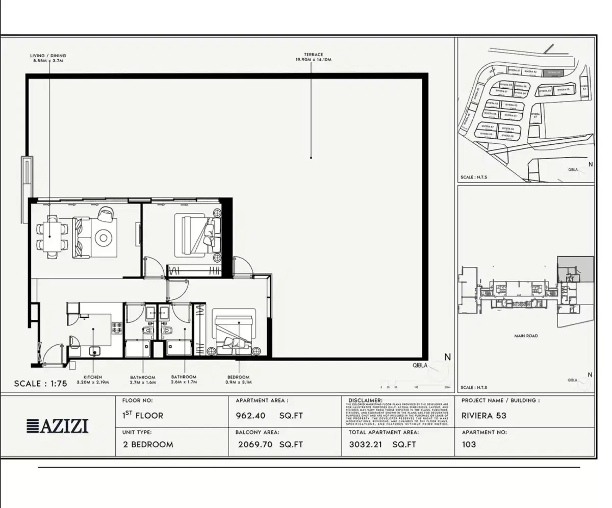 Azizi Riviera 53 at Meydan Dubai 2 BR Apartment Floor Plan