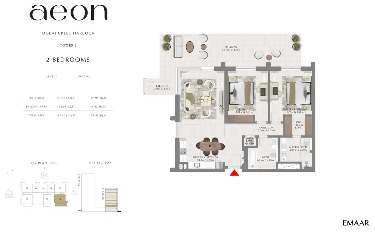 EMAAR AEON Dubai 2 BR Floor Plan 1,663 Sq. Ft.
