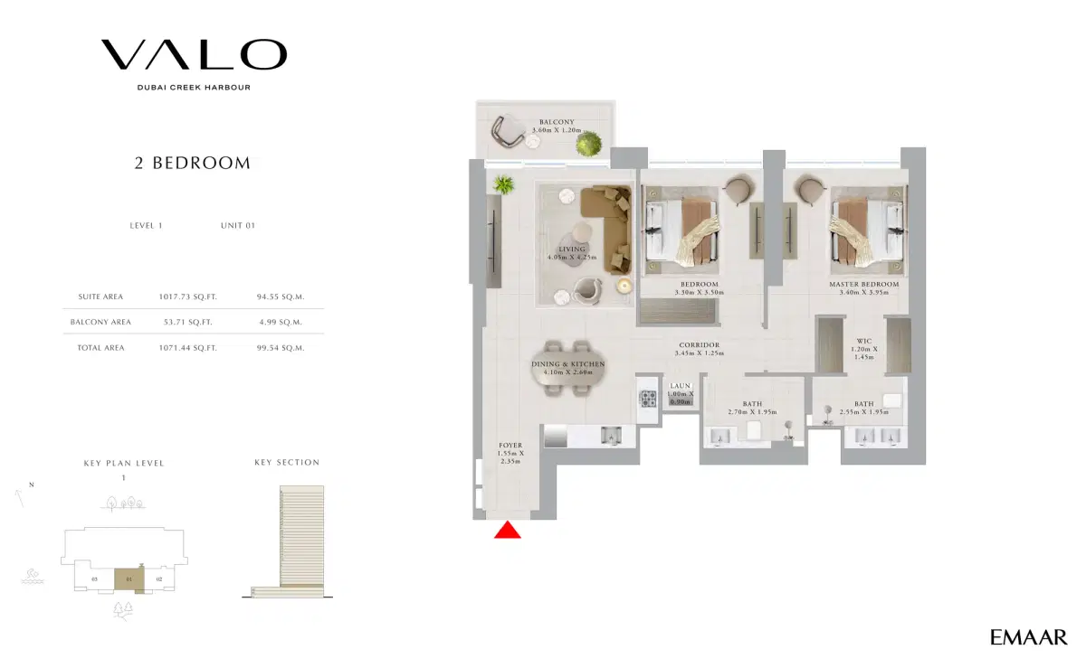 Emaar Valo Dubai 2 BR Apartment Floor Plan 1,071 Sq. ft.