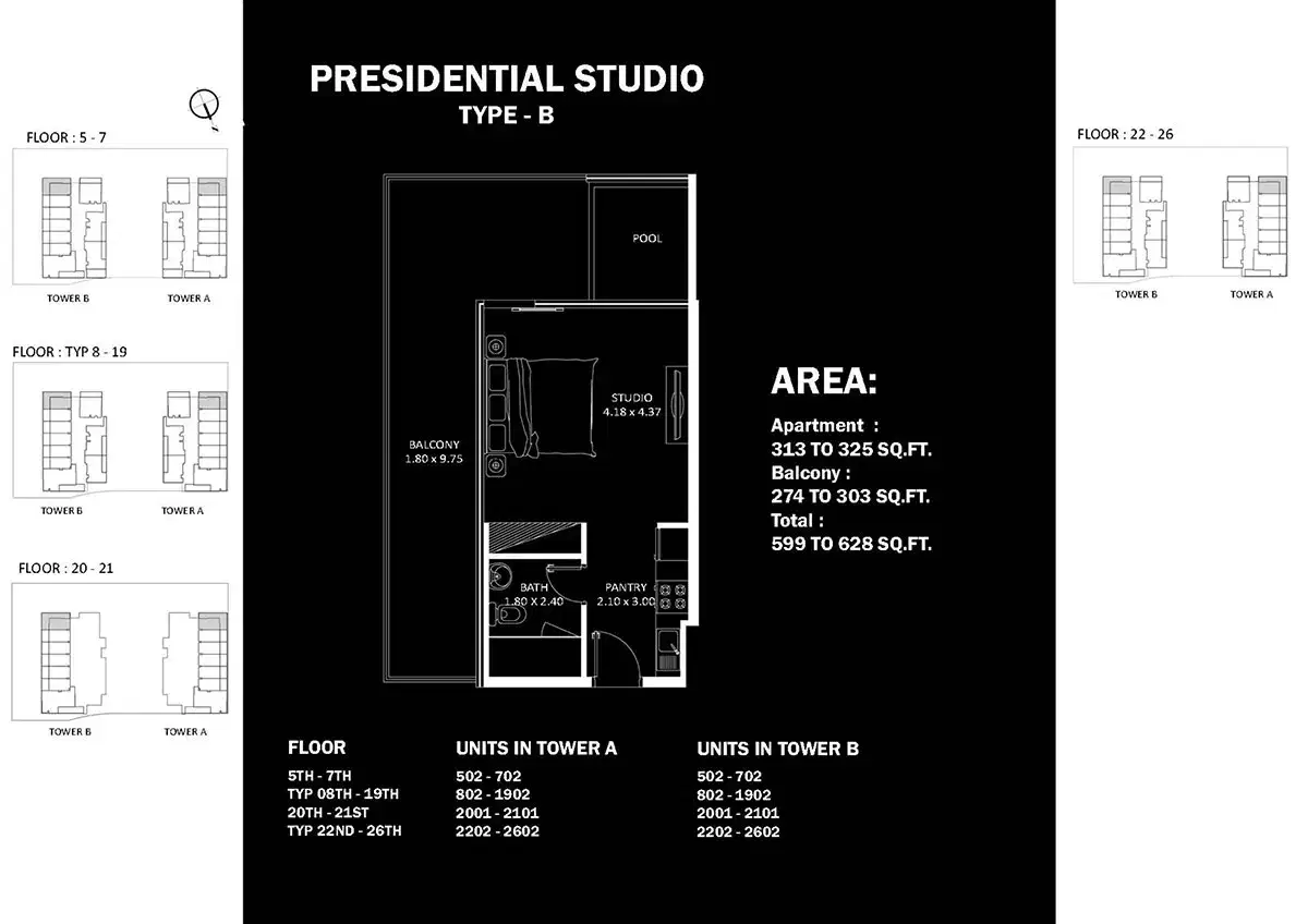 Danube Elitz Dubai Studios Floor Plan 628 Sq. Ft.