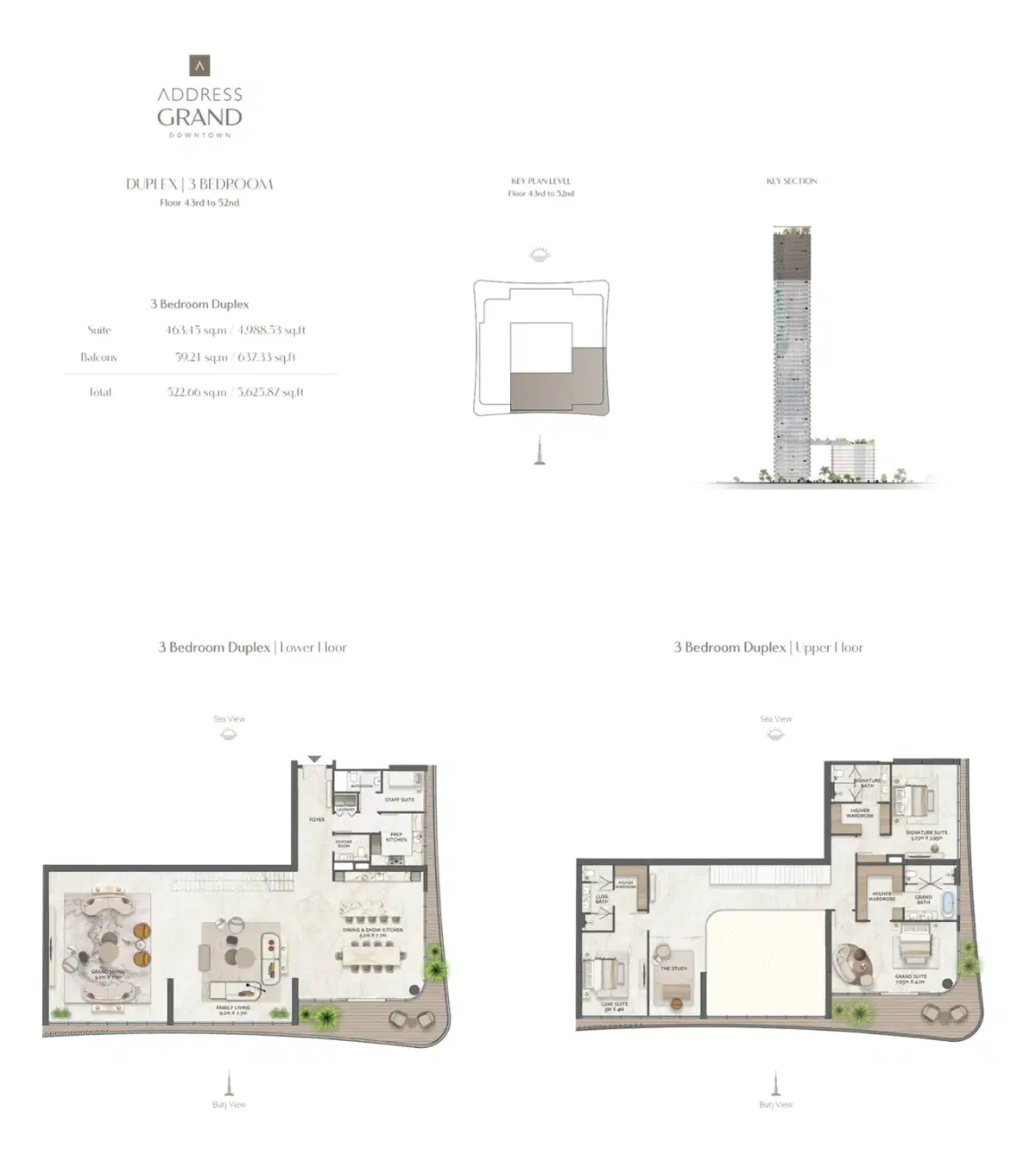 Nshama Address Grand Downtown Dubai 3 BR Duplexes Floor Plan