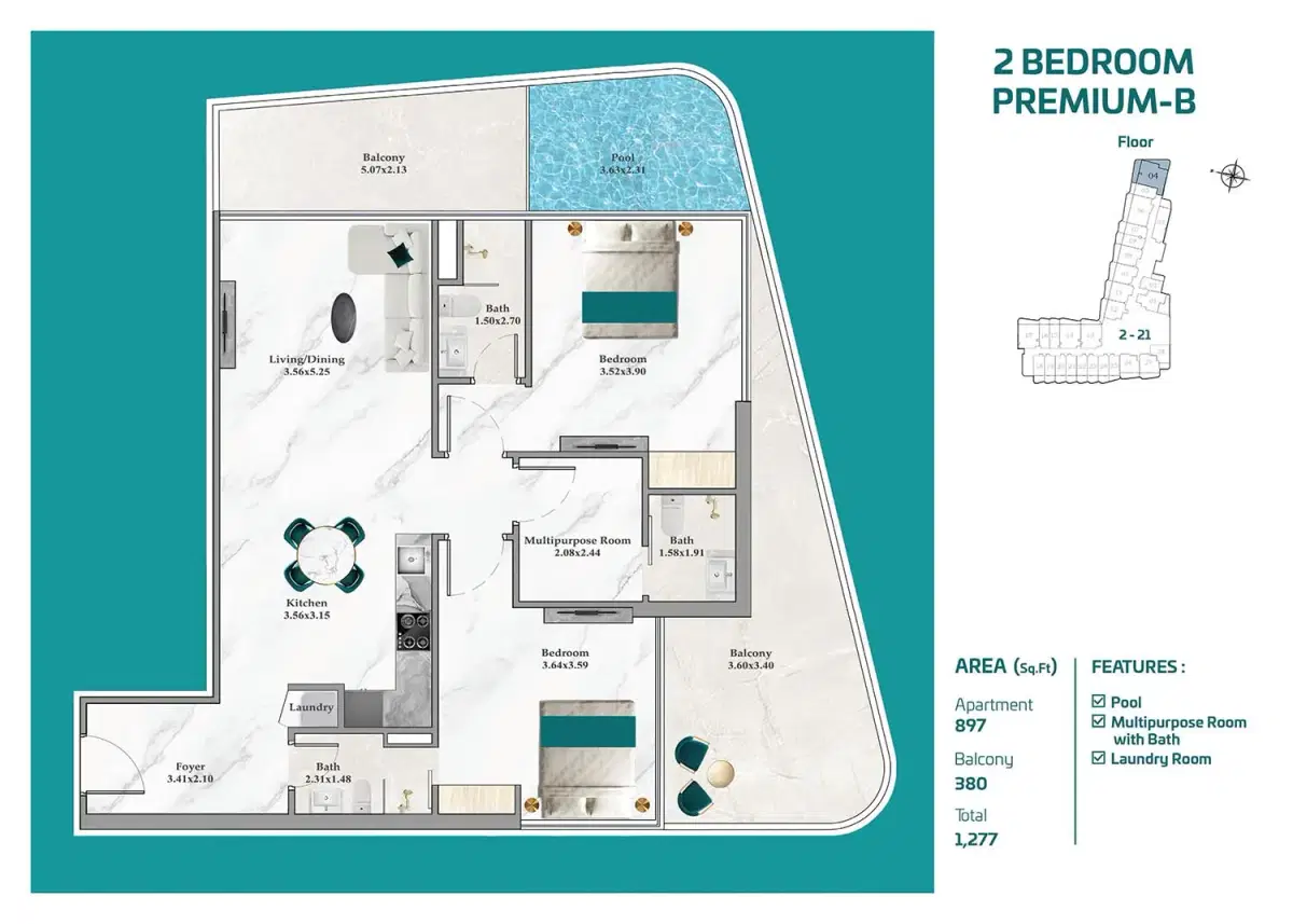 Breez By Danube Dubai Maritime City 2 BR Apartment Floor Plan