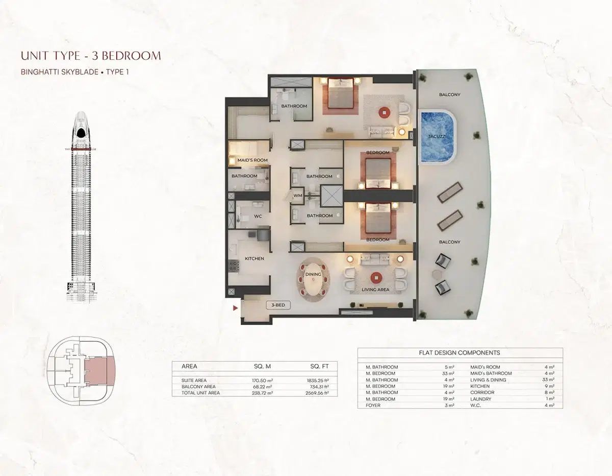 Skyblade at Downtown Dubai 3 BR Floor Plan 2,569 Sq. Ft.
