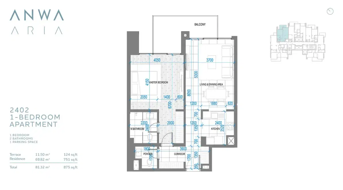 Anwa Aria Dubai 1 BR Floor Plan 875 Sq. Ft.