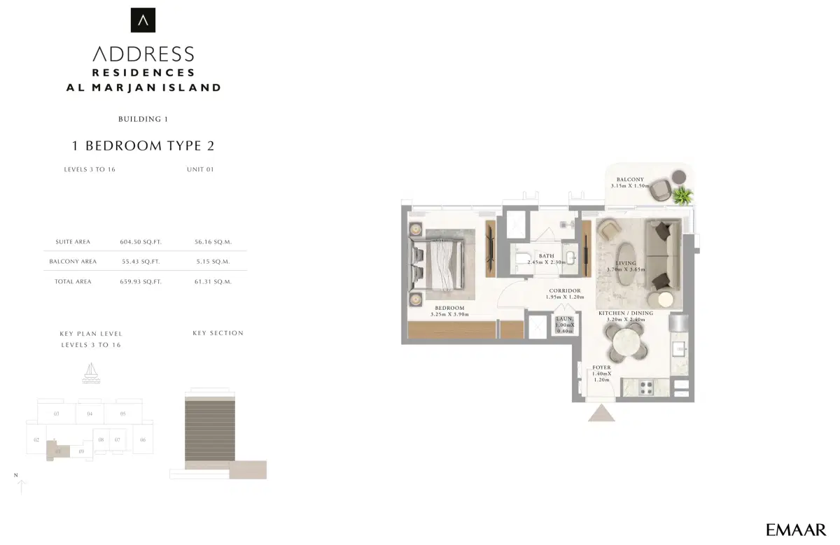 Emaar Address Residences Phase 2 Al Marjan Island 1 Bedroom Apartments Floor Plan