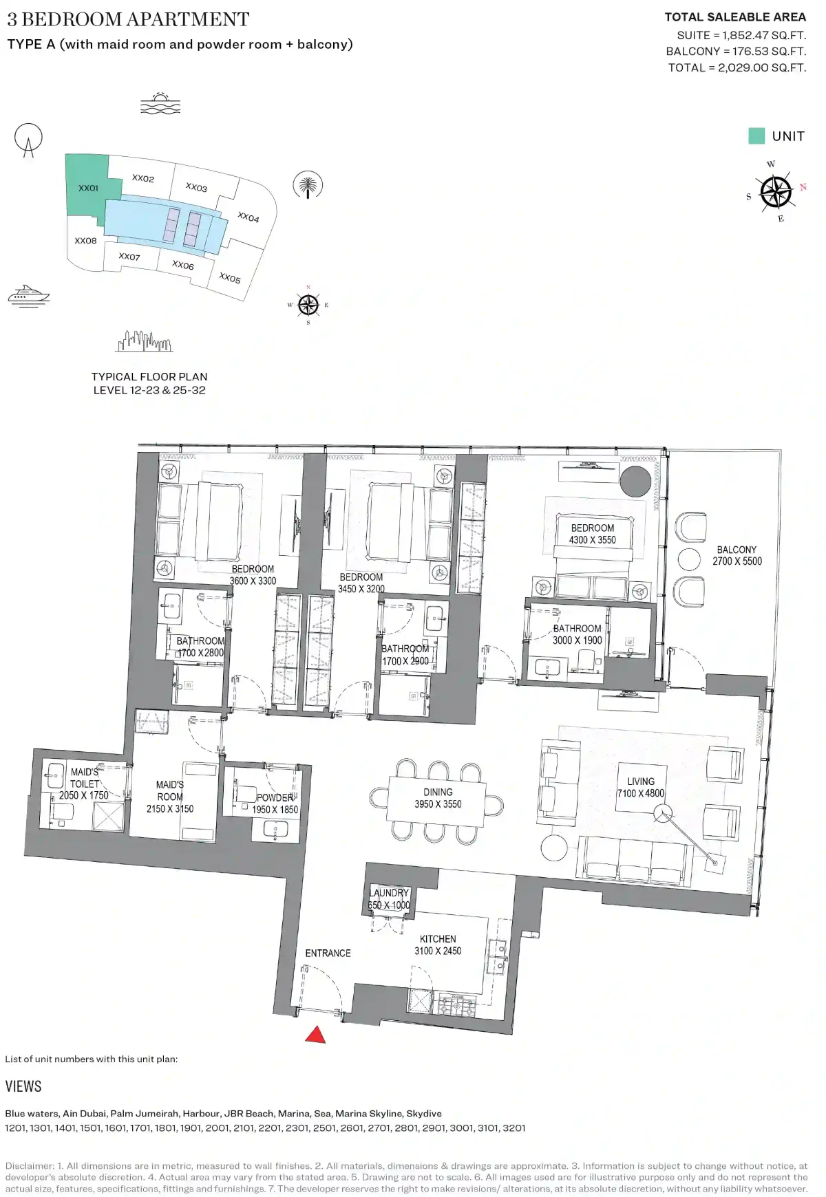 Sobha Seahaven 3 Bedroom Apartments Floor Plan