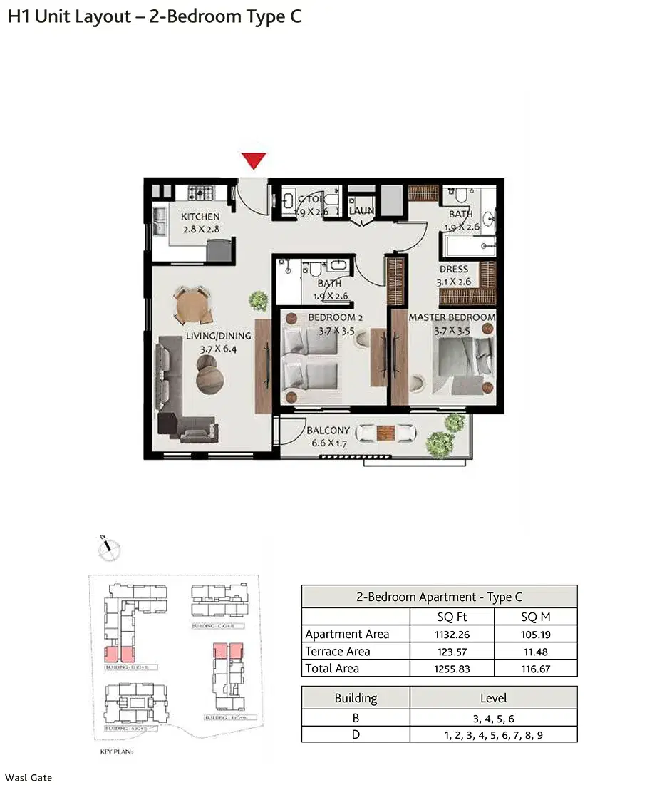 Hillside Residences at Wasl Gate 2 BR Apartment Floor Plan