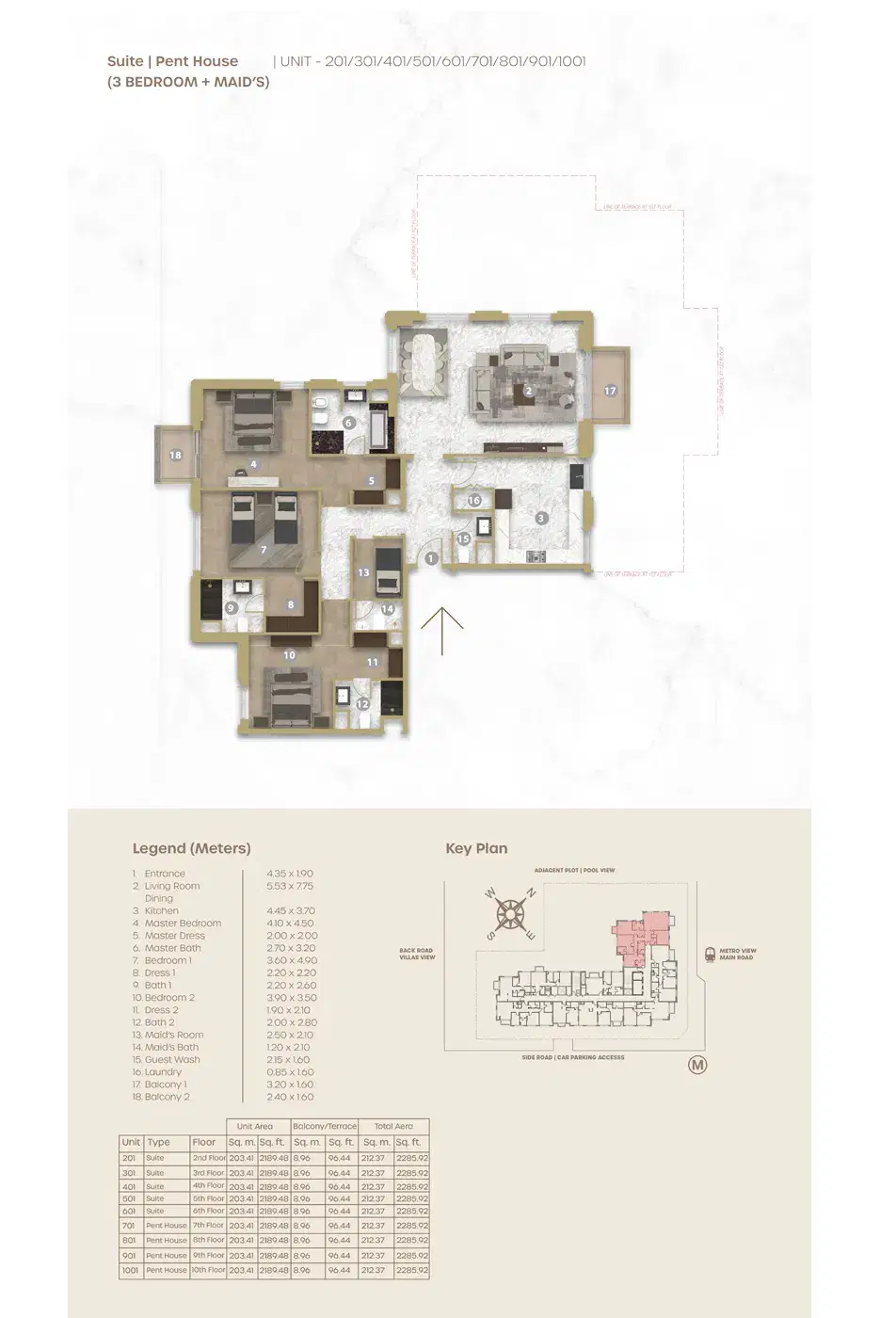 Avenue Residence 5 Dubai 3 BR Floor Plan 2,285 Sq. Ft.