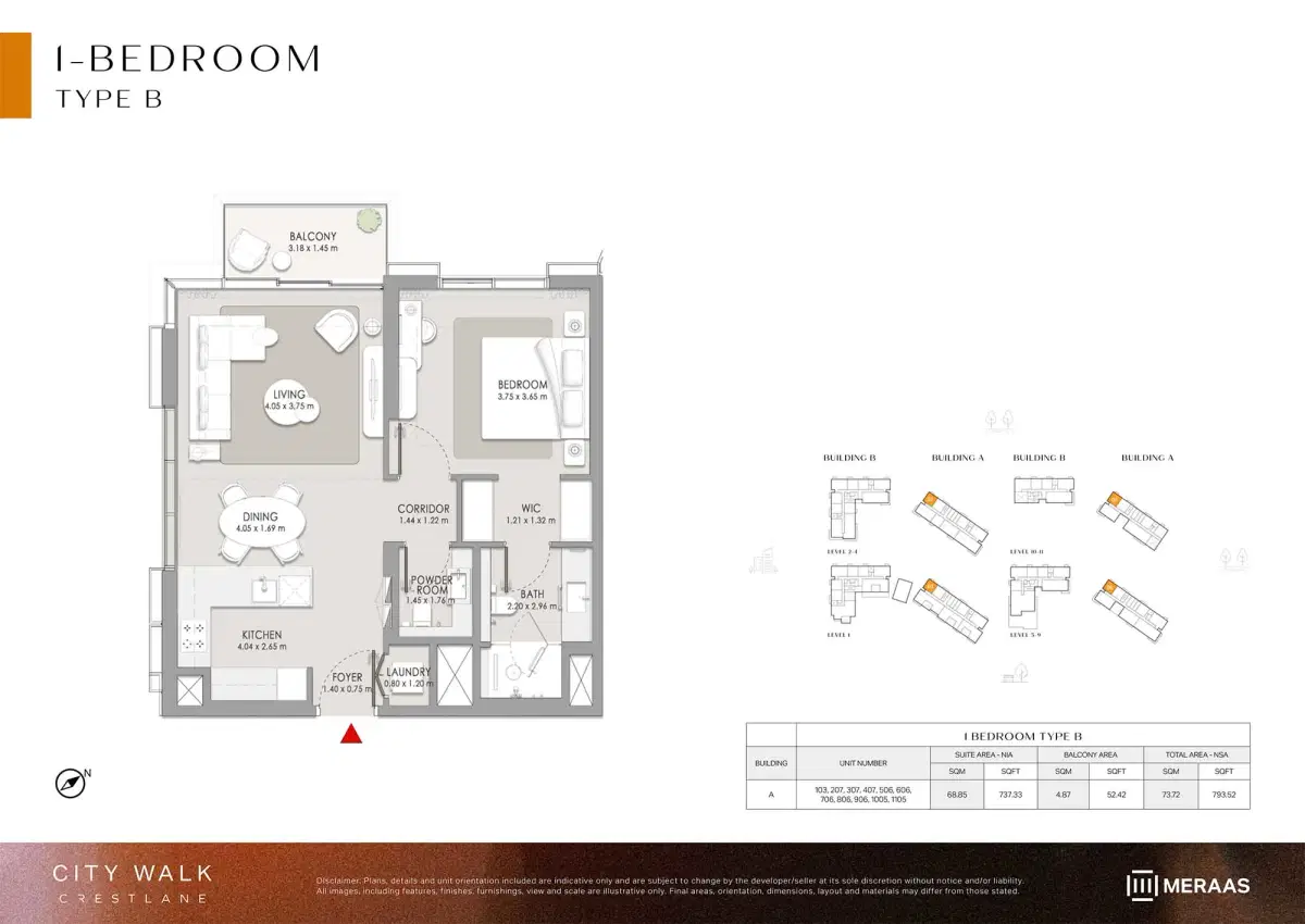 Meraas City Walk Crestlane 5 1 BR Apartment Floor Plan