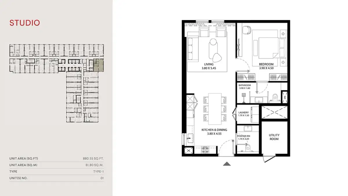 MAG 330 Dubai Studios Floor Plan 880 Sq. Ft.