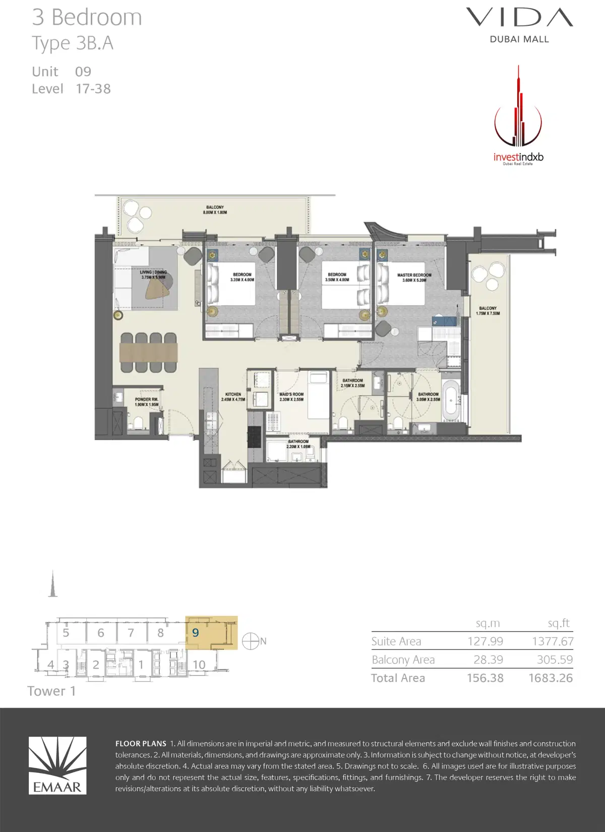 EMAAR Vida Dubai Mall Residences 3 BR Floor Plan 1,638 Sq. Ft.