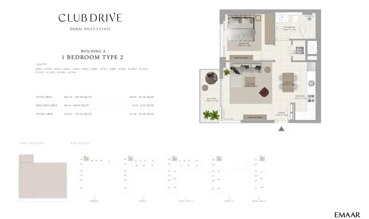 EMAAR Club Drive Dubai 1 BR Floor Plan 728 Sq. Ft.
