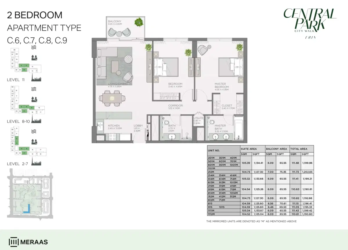 Erin Central Park Dubai 2 BR Floor Plan 1,202 Sq. Ft.