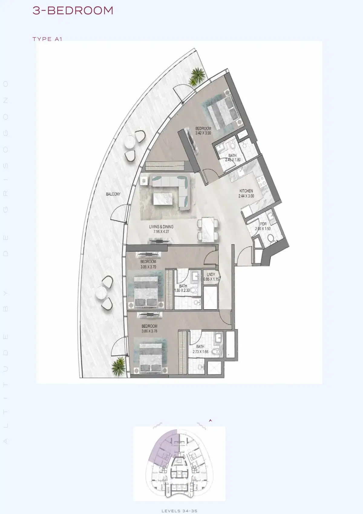 Damac Altitude De Grisogono Tower Business Bay 3 BR Apartment Floor Plan