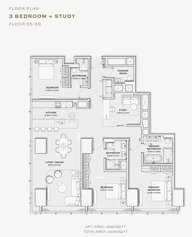 Burj Azizi Tower by Azizi Developments 3 BR Floor Plan 2,034 Sq. Ft.