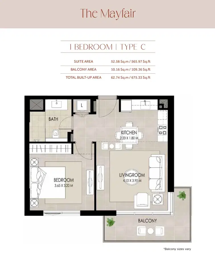 Nshama The Mayfair Dubai 1 BR Floor Plan 675 Sq. Ft.