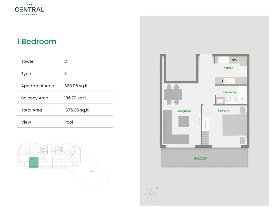 The Central Downtown Arjan Dubai 1 Bedroom Apartments Floor Plan