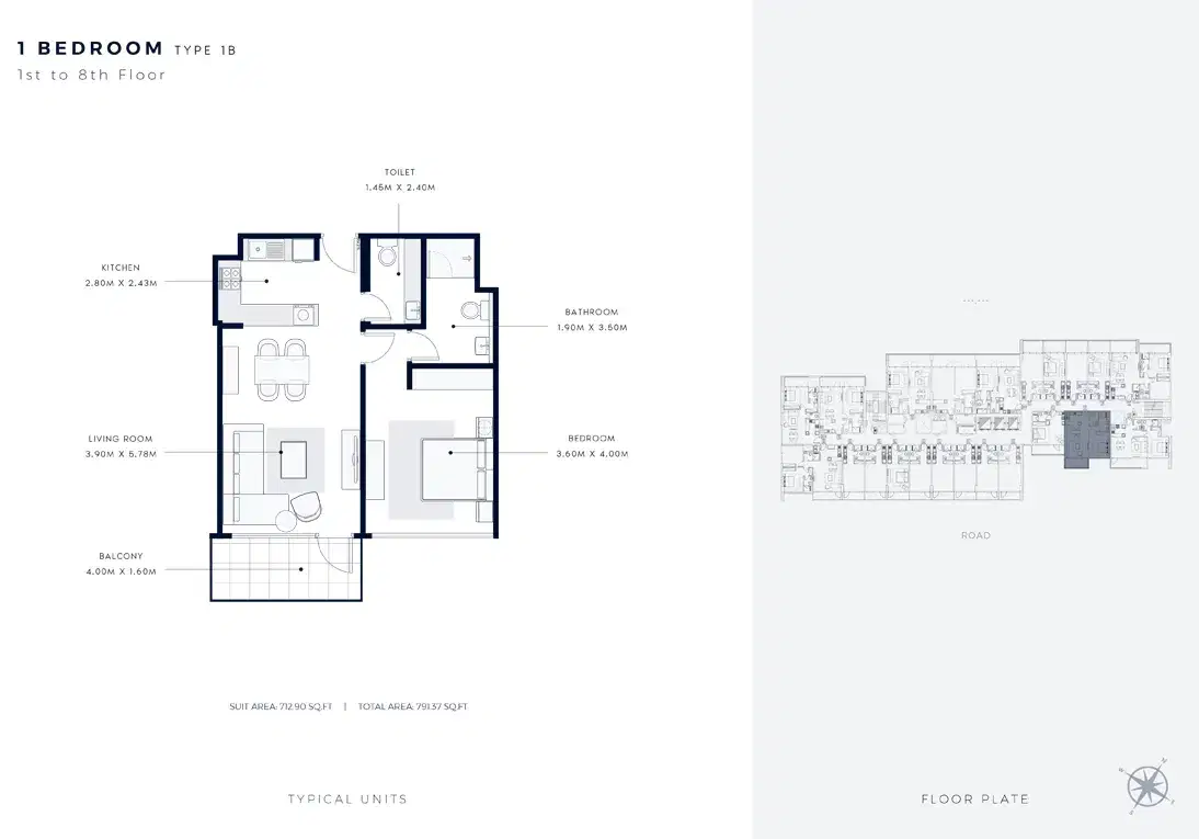 Azizi Vista 1 BR Floor Plan 791 Sq. Ft.