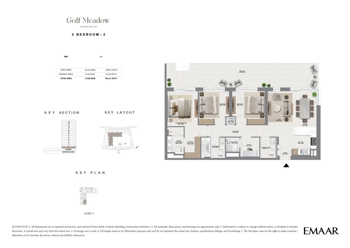 Golf Meadow at Emaar South 3 BR Floor Plan 1,854 Sq. Ft.