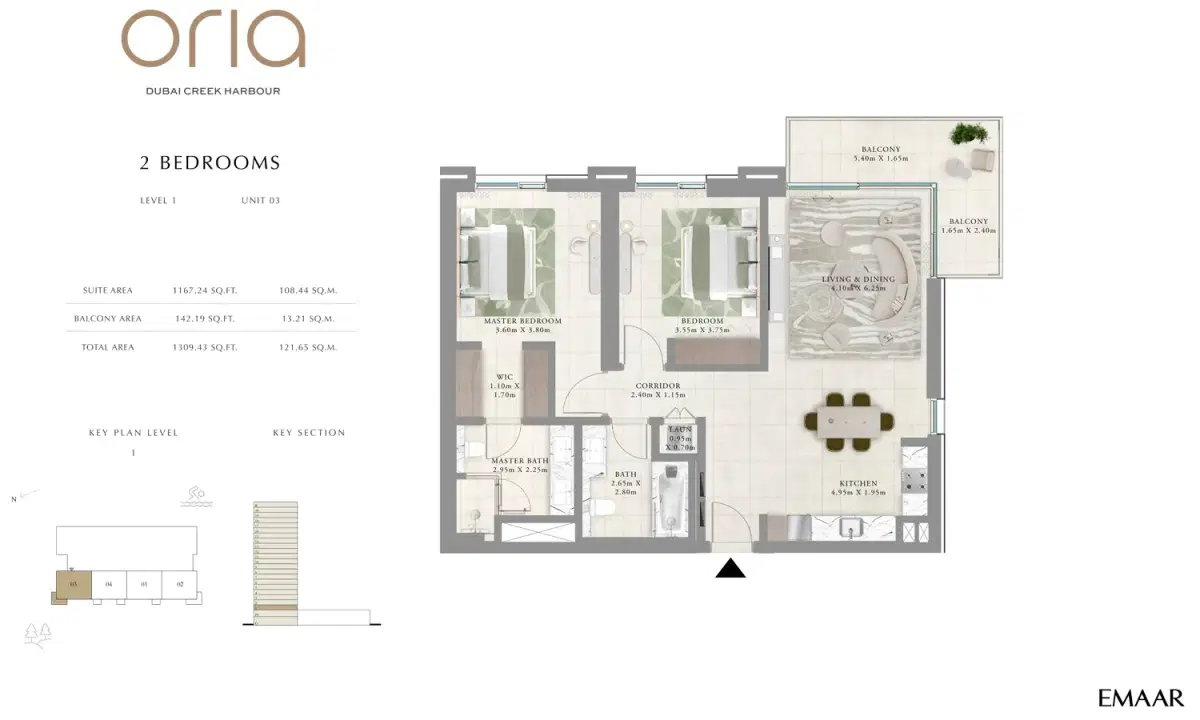 EMAAR Oria Dubai 2 BR Floor Plan 1,309 Sq. Ft.