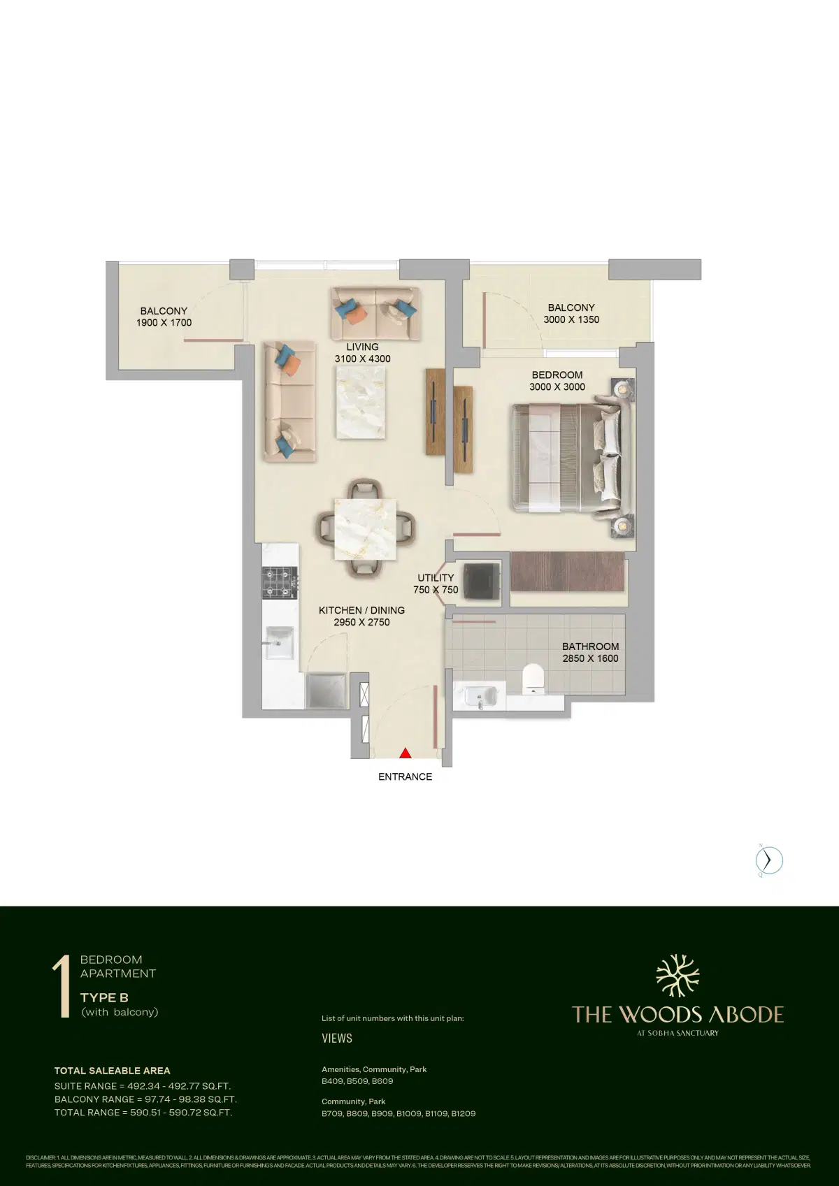 The Woods Abode 1 BR Floor Plan 590 Sq.Ft