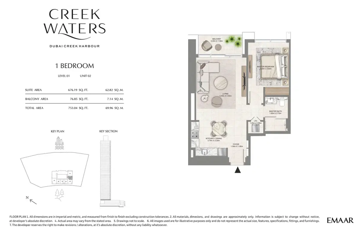 Emaar Creek Waters 1 BR Apartment Floor Plan