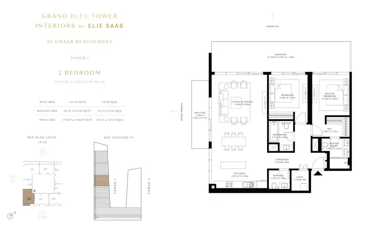 EMAAR Grand Bleu Tower Dubai 2 BR Floor Plan 1,778 Sq. Ft.