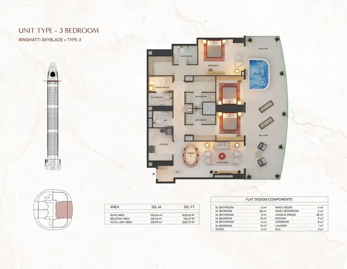 Skyblade at Downtown Dubai 3 BR Floor Plan 2,357 Sq. Ft.