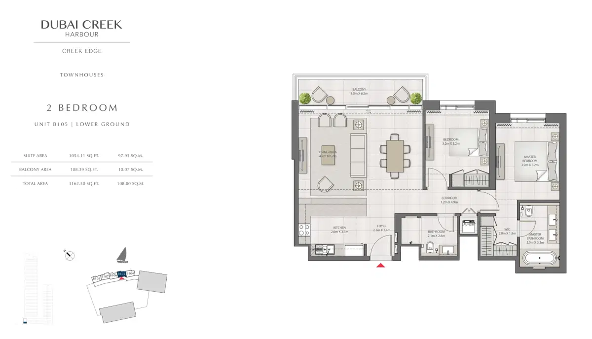 EMAAR Creek Edge Dubai 2 BR Floor Plan 1,162 Sq. Ft.