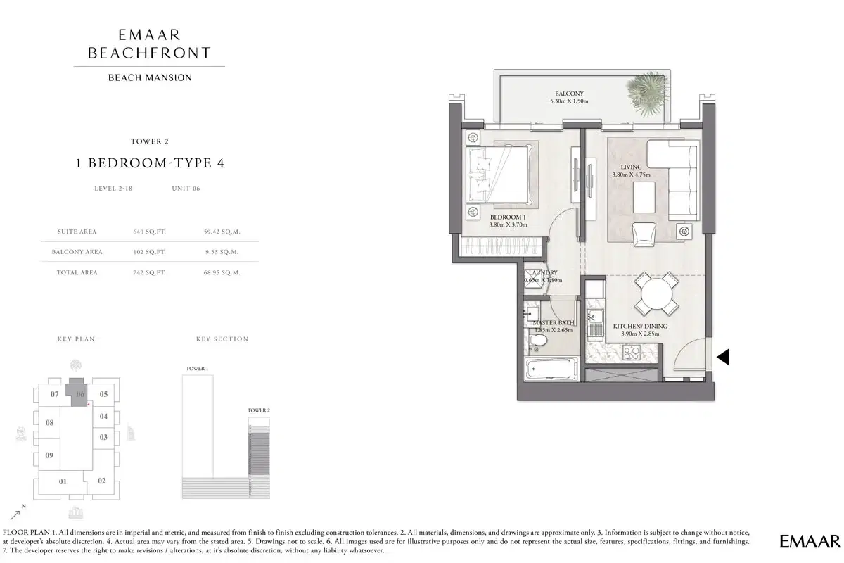 Beach Mansion At Emaar Beachfront 1 BR Apartment Floor Plan