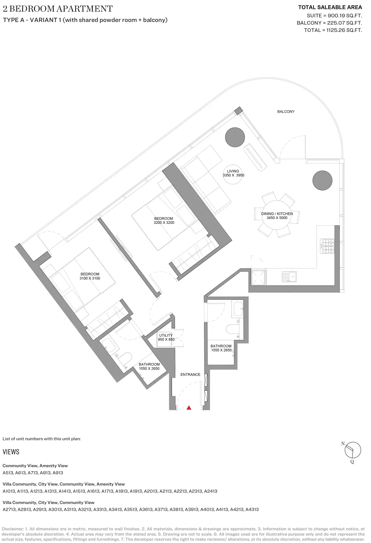 Sobha Solis Dubai 2 BR Floor Plan 1,125 Sq. Ft.