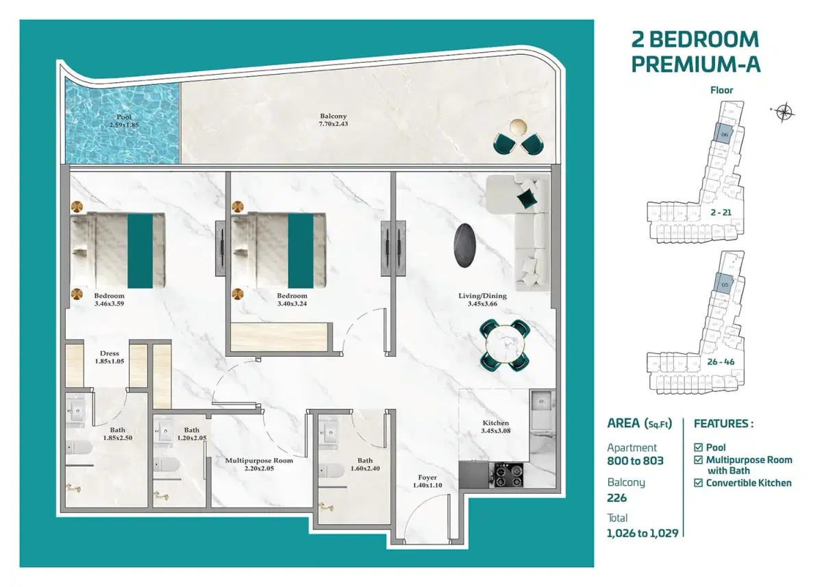Breez By Danube Dubai Maritime City 2 BR Apartment Floor Plan
