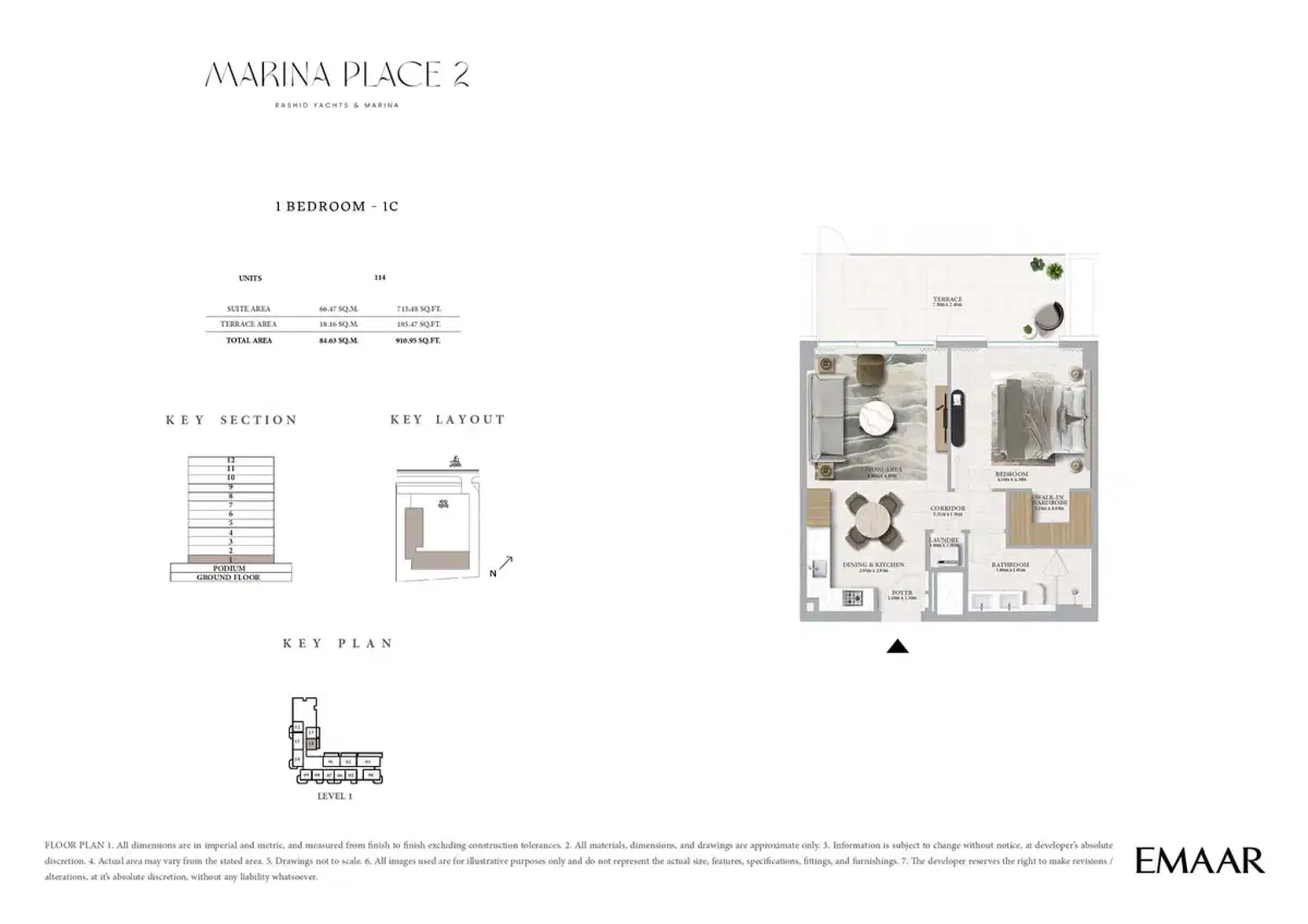 Emaar Marina Place 2 1 BR Floor Plan 910 Sq. Ft.