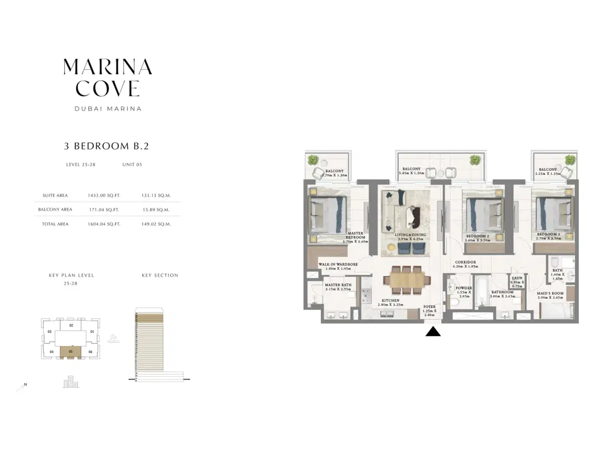 Emaar Marina Cove Dubai 3 BR Floor Plan 1,604 Sq. Ft.