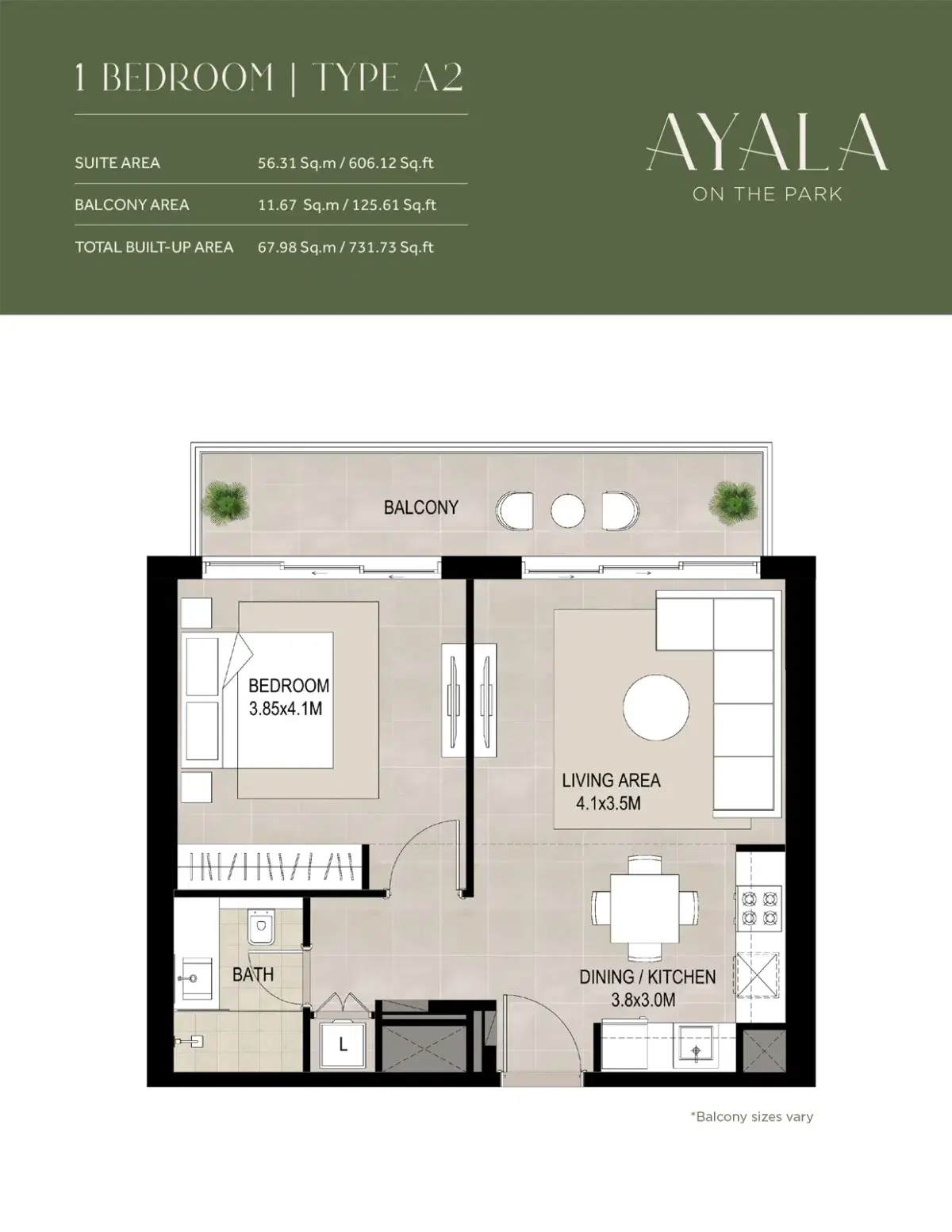 NSHAMA Ayala on the Park Dubai 1 BR Floor Plan 731 Sq. Ft.