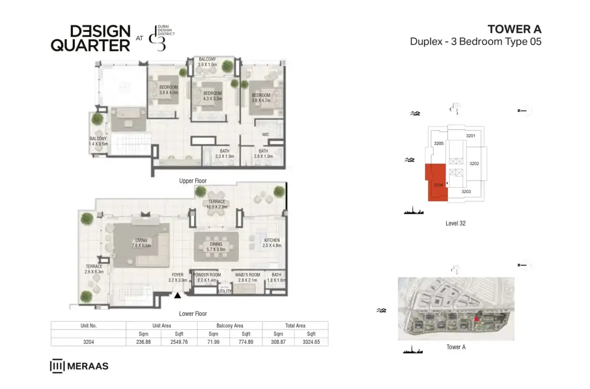 Meraas Design Quarter Dubai 3 BR Floor Plan 3,324 Sq. Ft.