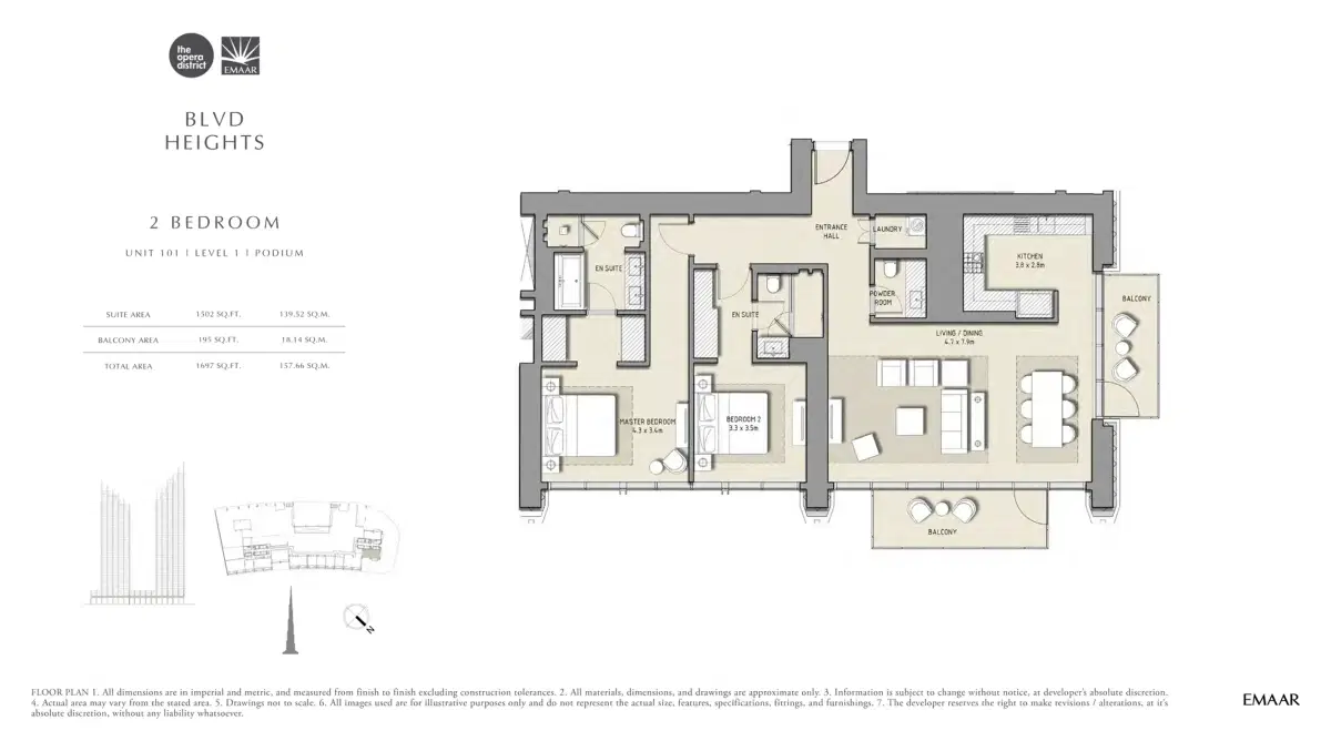 Emaar Boulevard Heights 2 BR Apartment Floor Plan