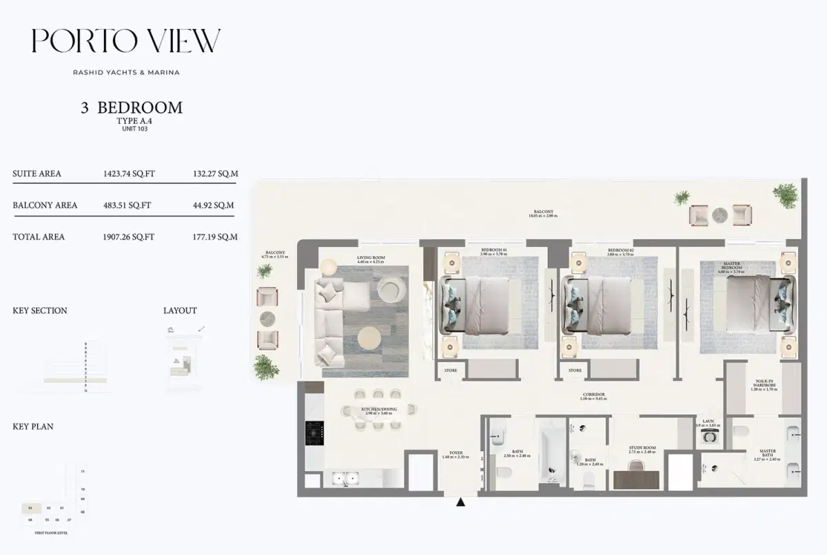 Emaar Porto View  Dubai 3 BR Floor Plan 1,907 Sq. Ft.
