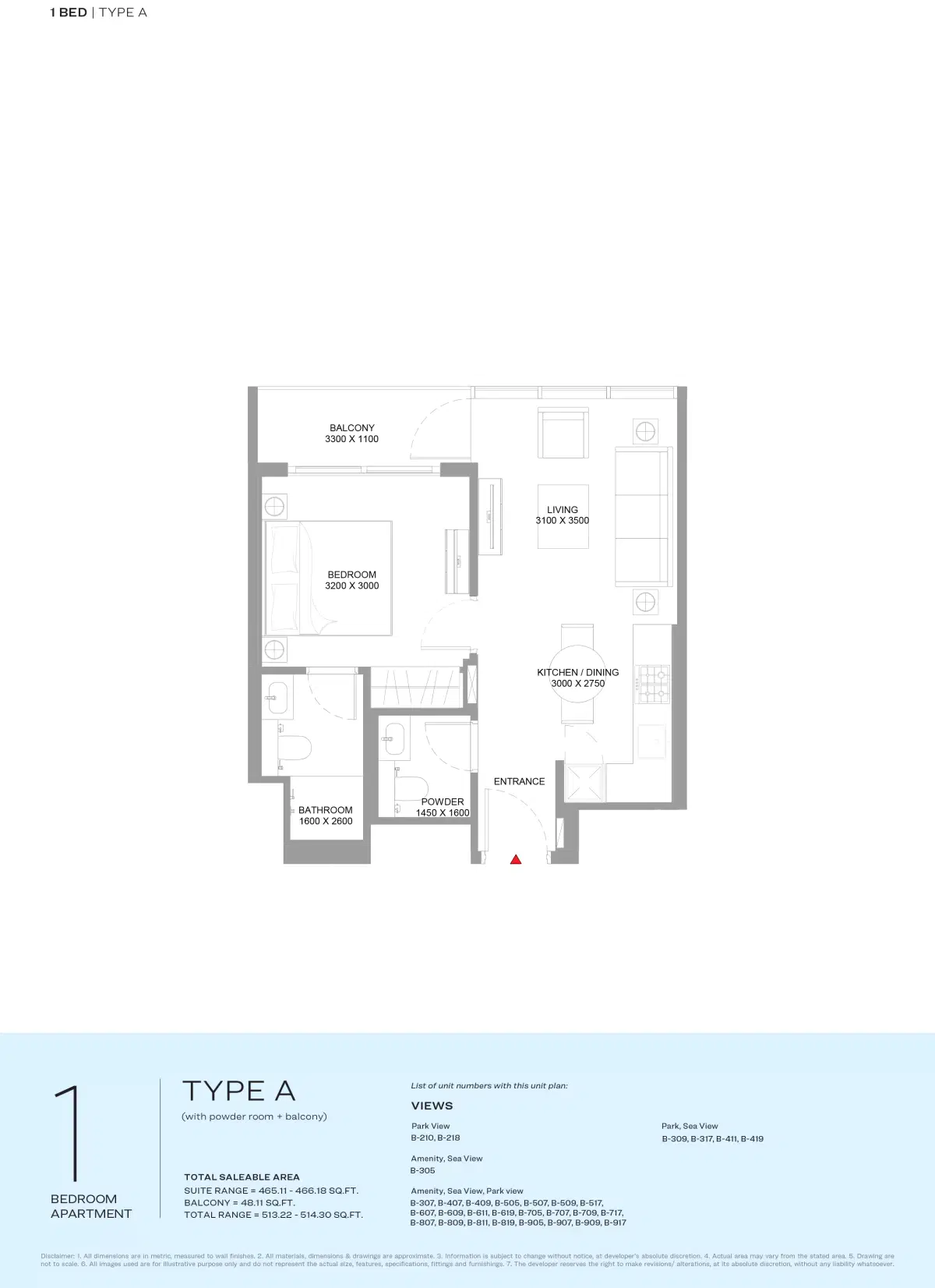 Sobha Bayside Marina Residences At Siniya Island 1 Bedroom Apartments Floor Plan