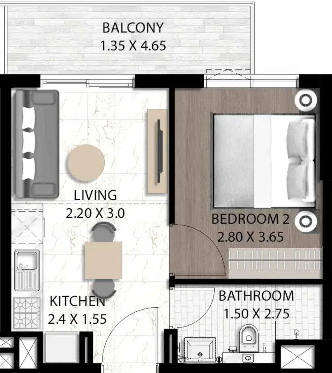 Damac Fiora 1 Bedroom Apartments Floor Plan