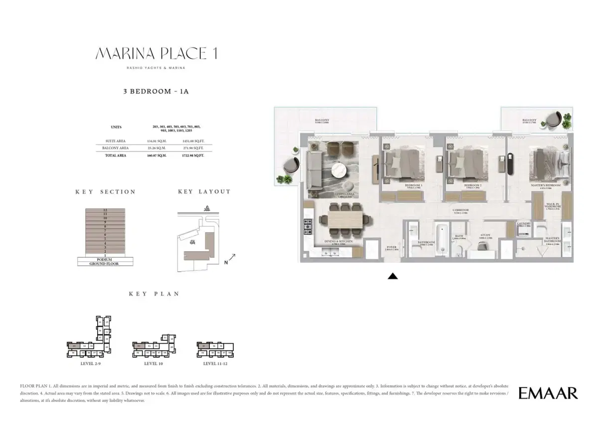 Emaar Marina Place 3 BR Floor Plan 1,722 Sq. Ft.