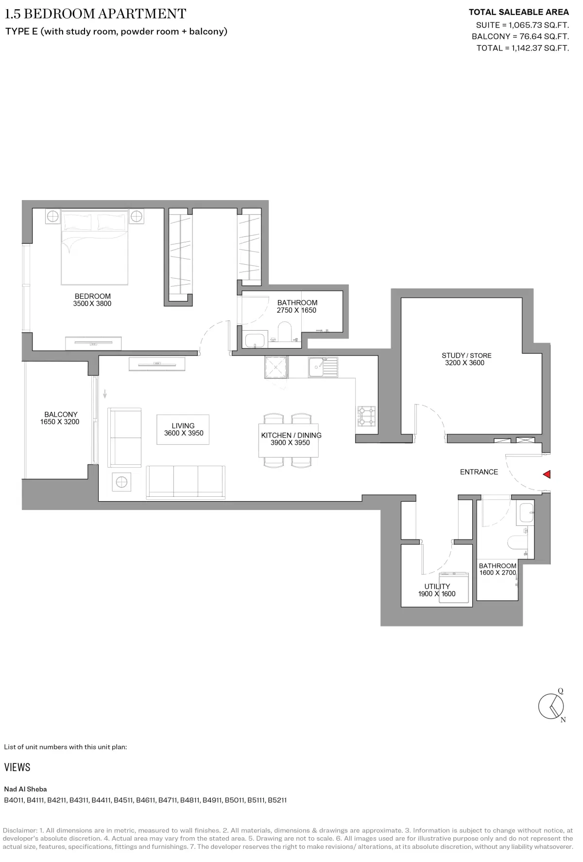 Sobha Skyscape Avenue Dubai 1.5 BR Floor Plan 1,142 Sq. Ft.