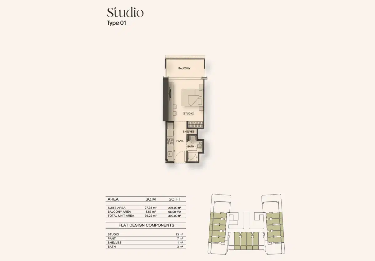 Studios Floor Plan 390 Sq. Ft.